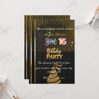 Glittering Schwarz und Gold süß 16 Geburtstag Einladung