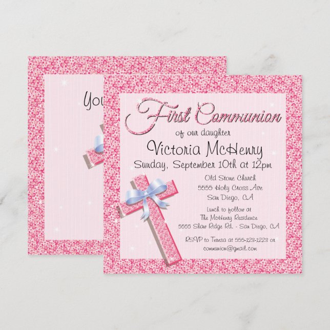 Glittering Sequin Pink Erster Kommunion Einladung (Vorne/Hinten)
