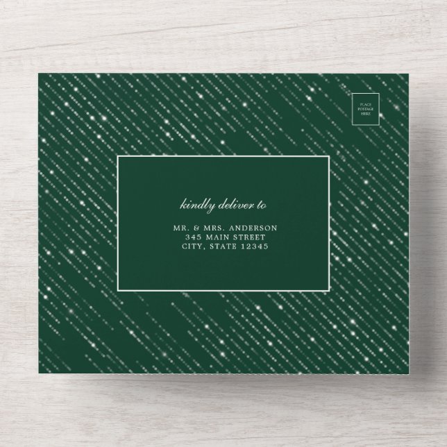 Glittering Silver Emerald Green Modern Wedding All In One Einladung (Vorderseite)