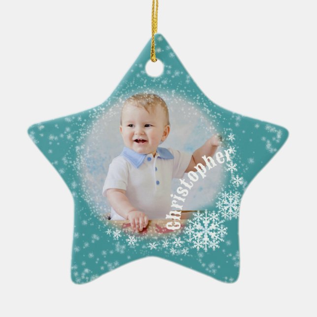 Glittering Snow Flakes Aqua Keramik Ornament (Vorne)
