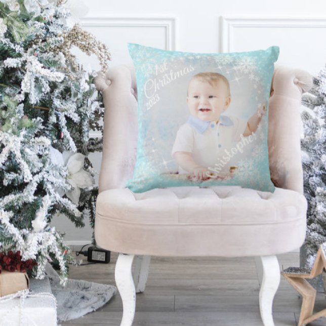 Glittering Snow Flakes Blue Kissen (Sweet pastel with snow flakes design. Get this 1st Christmas pillow for your precious one. )