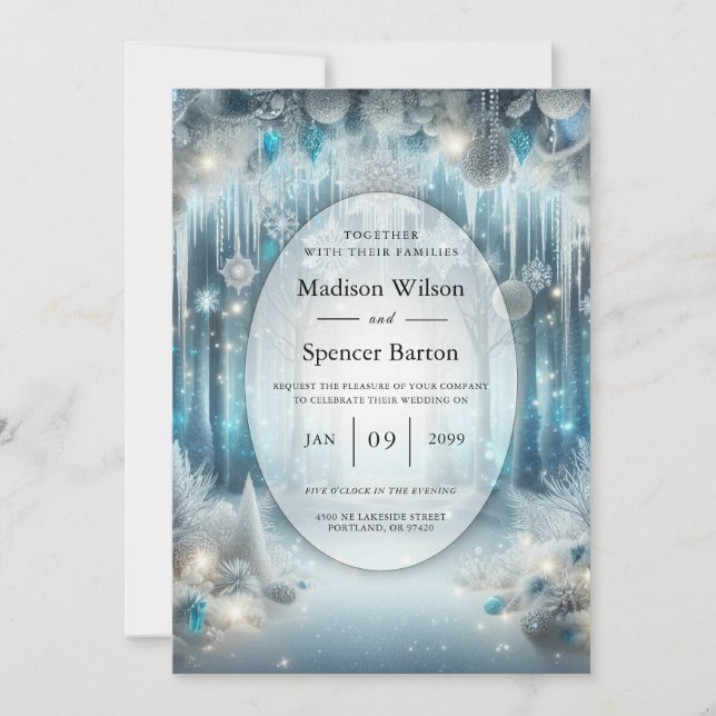 Glittering Snowy Forest Wedding Einladung (Vorderseite)
