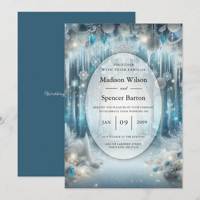 Glittering Snowy Forest Wedding Einladung (Vorne/Hinten)