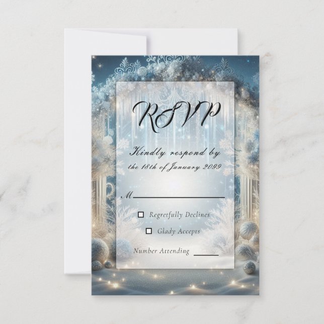 Glittering Snowy Forest Wedding RSVP Karte (Vorderseite)