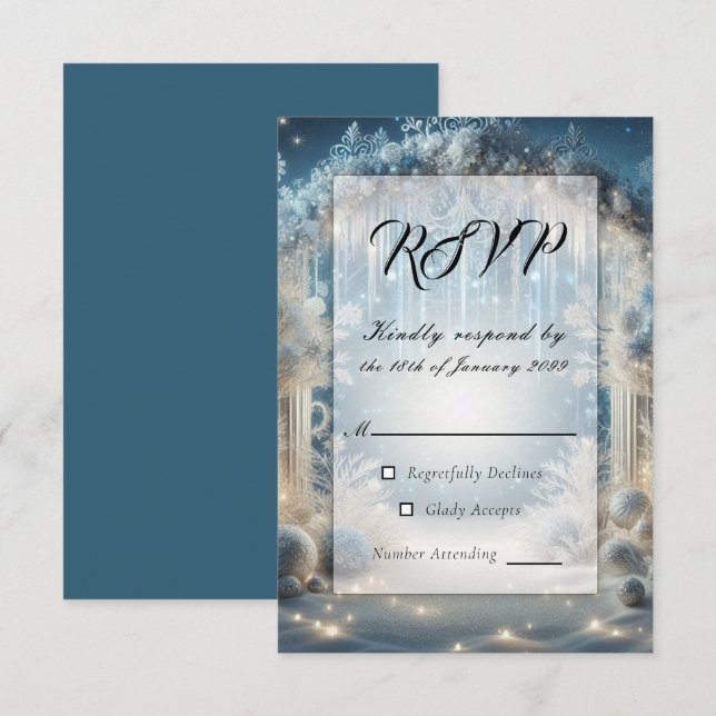 Glittering Snowy Forest Wedding RSVP Karte (Vorne/Hinten)