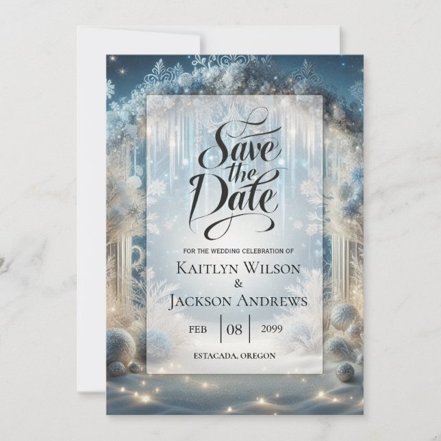 Glittering Snowy Forest Wedding Save The Date (Vorderseite)