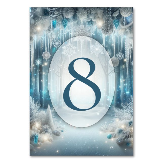 Glittering Snowy Forest Wedding Tischnummer (Vorderseite)