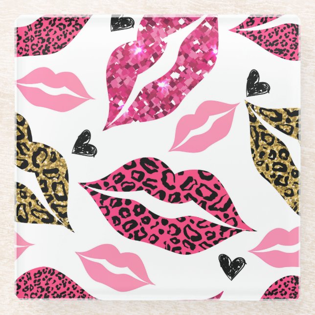 Glitternde Lippen: Leopard-Modedesign Glasuntersetzer (Vorderseite)