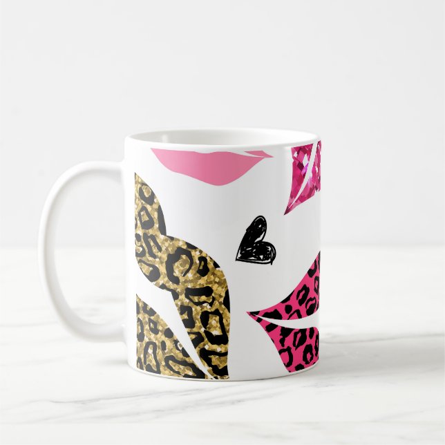 Glitternde Lippen: Leopard-Modedesign Kaffeetasse (Links)