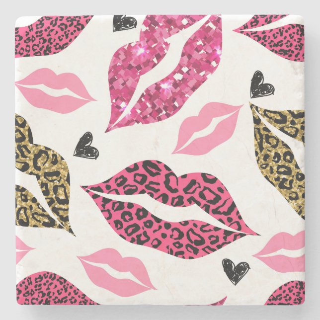 Glitternde Lippen: Leopard-Modedesign Steinuntersetzer (Vorderseite)