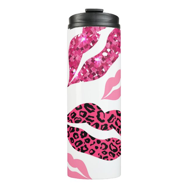 Glitternde Lippen: Leopard-Modedesign Thermosbecher (Vorderseite)