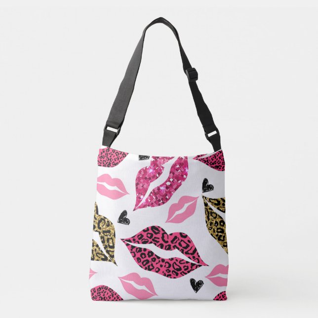 Glitternde Lippen: Leopard-Modedesign Tragetaschen Mit Langen Trägern (Vorderseite)