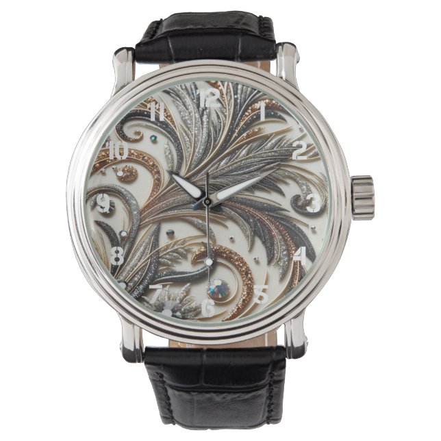 Glitternes Blumenmuster mit Edelstein Armbanduhr (Vorderseite)