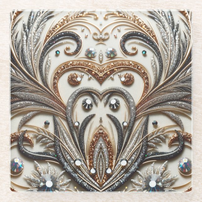 Glitternes Blumenmuster mit Edelstein Glasuntersetzer (Vorderseite)