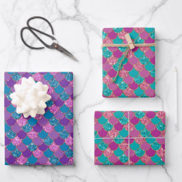 Glitterrosa lila und blaue Meerjungwaagen Geschenkpapier Set