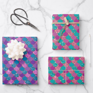 Glitterrosa lila und blaue Meerjungwaagen Geschenkpapier Set