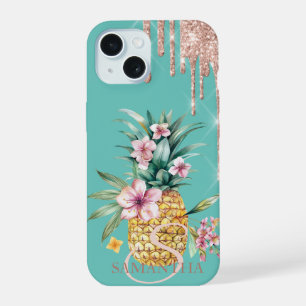 Glittertropfen Florale Ananas Minze Grün iPhone 15 Hülle