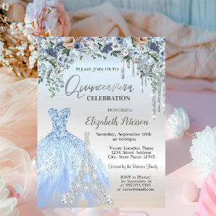 Glittertropfen,Kleid,Eiffelturm Blaue Blumen Einladung