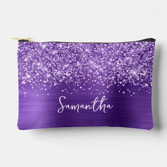 Glittery Amethyst Glam Script Name Zubehörtasche (Vorderseite)