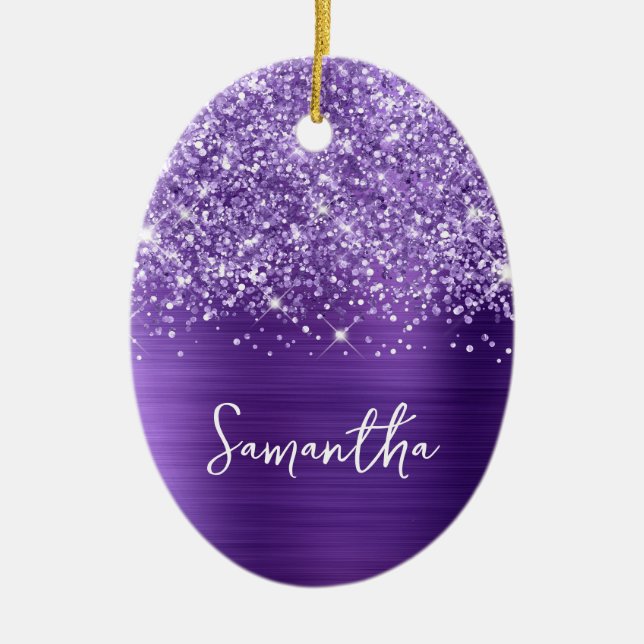 Glittery Amethyst Lila Glam Name Oval Foto Keramik Ornament (Vorne)