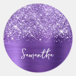 Glittery Amethyst Lila Glam Name Runder Aufkleber