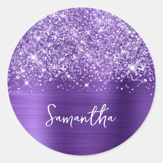Glittery Amethyst Lila Glam Name Runder Aufkleber (Vorderseite)