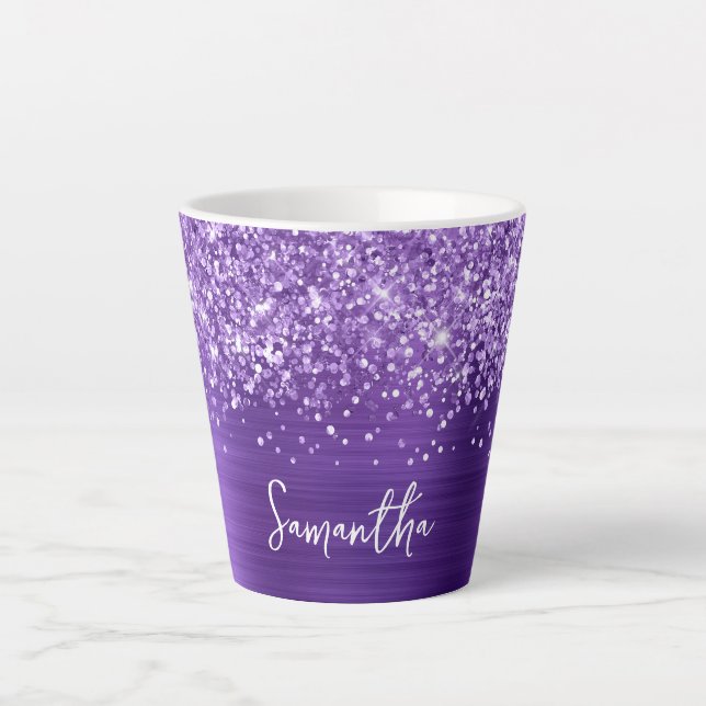 Glittery Amethyst Lila Glam Script Name Milchtasse (Vorderseite)