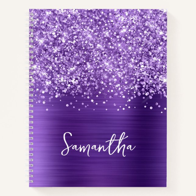 Glittery Amethyst Lila Glam Script Name Notizbuch (Vorderseite)