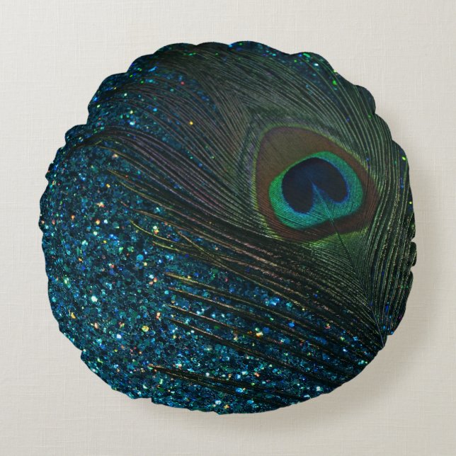 Glittery Aqua-Blau-Pfau Rundes Kissen (Vorderseite)
