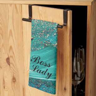Glittery Aqua Paint Strokes Boss Lady Geschirrtuch