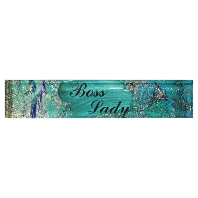 Glittery Aqua Paint Strokes Boss Lady Namensplakette (Vorderseite)