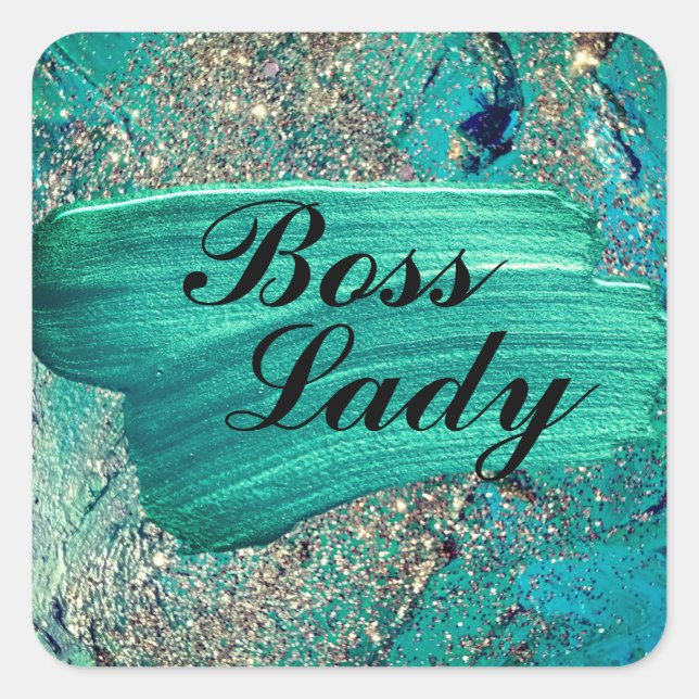 Glittery Aqua Paint Strokes Boss Lady   Quadratischer Aufkleber (Vorderseite)