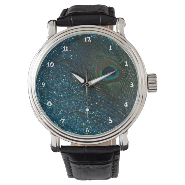 Glittery Aqua Peacock Armbanduhr (Vorderseite)