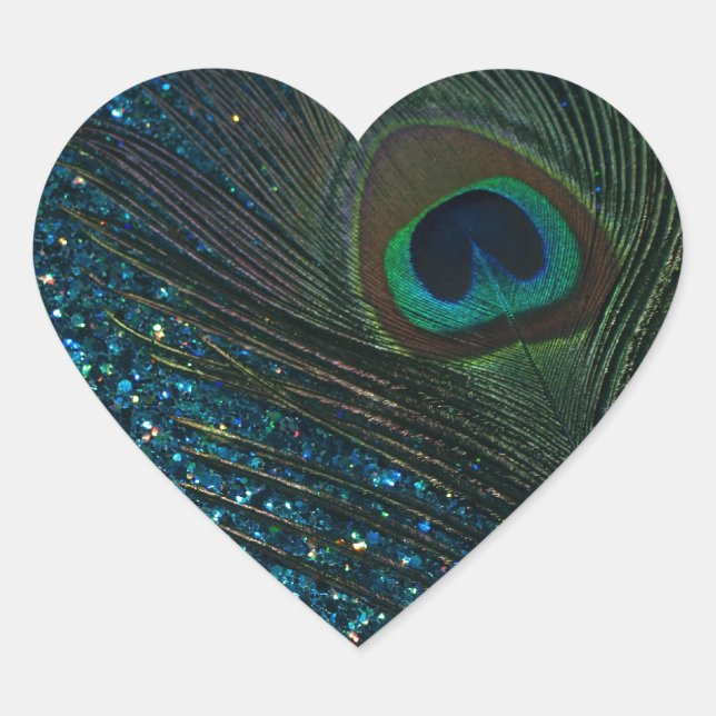 Glittery Aqua Peacock Herz-Aufkleber (Vorderseite)