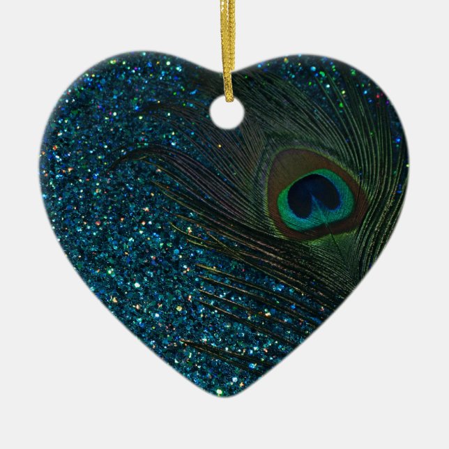 Glittery Aqua Peacock Keramikornament (Vorne)