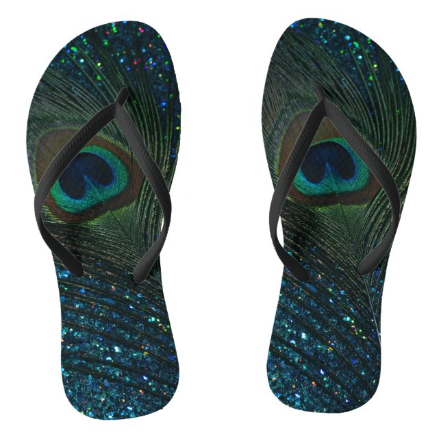 Glittery Aqua-Pfau-Feder Flip Flops (Fußbett)