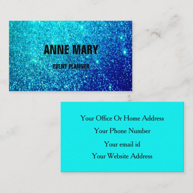  Glittery Aquamarin Blue Colorful Wedding Event Pl Visitenkarte (Vorne/Hinten)