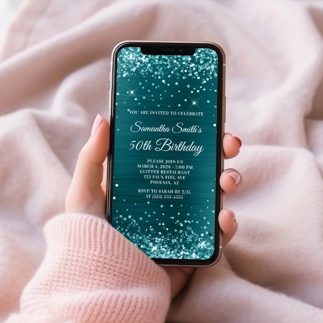 Glittery Aquamarin Blue Foil 50. Geburtstag Einladung (Glittery Teal Blue Foil 50th Birthday Invitation)