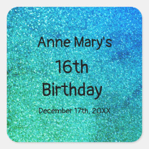Glittery Aquamarin Blue Green Sparkle 16. Quadratischer Aufkleber