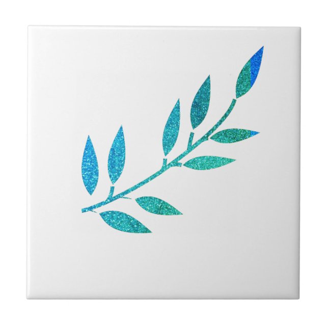 Glittery Aquamarin Blue Leaf Muster Weiße Geschenk Fliese (Vorderseite)