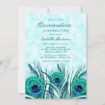 Glittery Aquamarin Blue Peacock Feathers Quinceañe