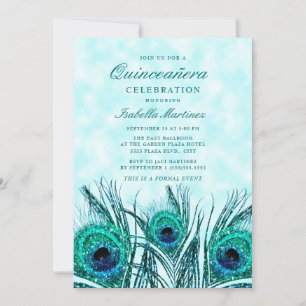 Glittery Aquamarin Blue Peacock Feathers Quinceañe Einladung