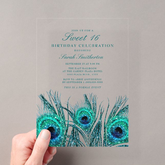 Glittery Aquamarin Blue Peacock Feathers Sweet 16 Acryleinladungen (Insitu (Handheld))