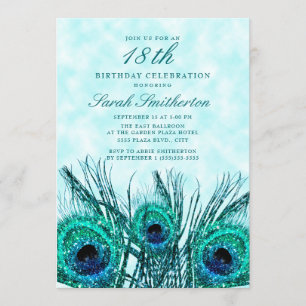 Glittery Aquamarin Blue Peacock Federn 18. Einladung