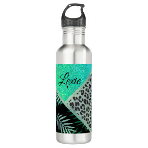 Glittery Aquamarin Ferns Leopard Print Edelstahlflasche