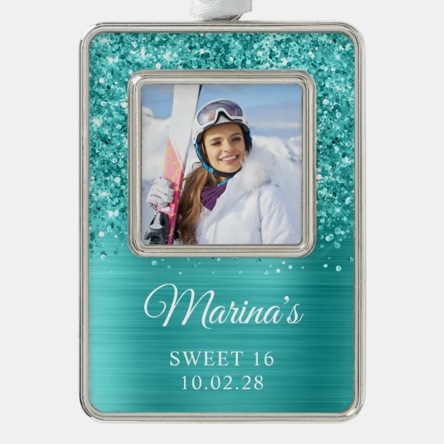 Glittery Aquamarin Foil Sweet 16 Foto Rahmen-Ornament Silber (Vorderseite)
