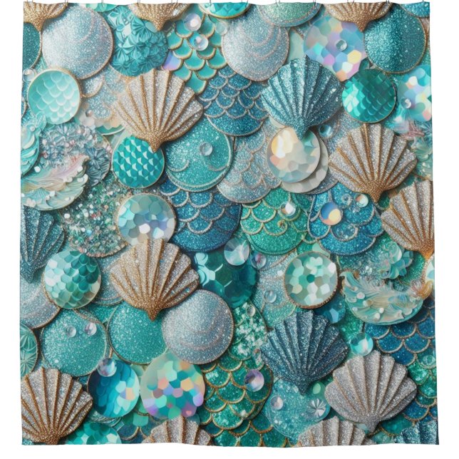 Glittery Aquamarin Mermaid Schwanz Scales Druck un Duschvorhang (Vorderseite)