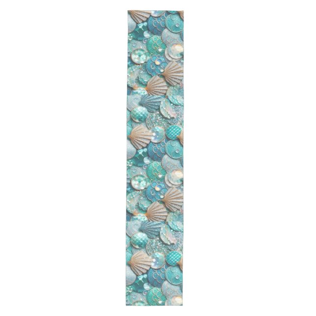 Glittery Aquamarin Mermaid Schwanz Scales Muscheln Mittelgroßer Tischläufer (Vorderseite)