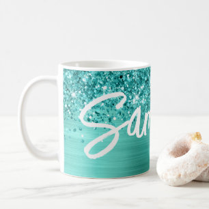 Glittery Aquamarin Türkis Glam Brush Script Name Kaffeetasse