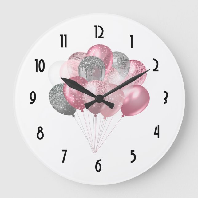Glittery Balloon Bunch in Pink und Silver Große Wanduhr (Vorderseite)